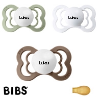 Bibs Supreme Schnuller mit Namen, Symmetrisch, Latex, Gr. 2, Sage, Dark Oak, White, 3'er Pack